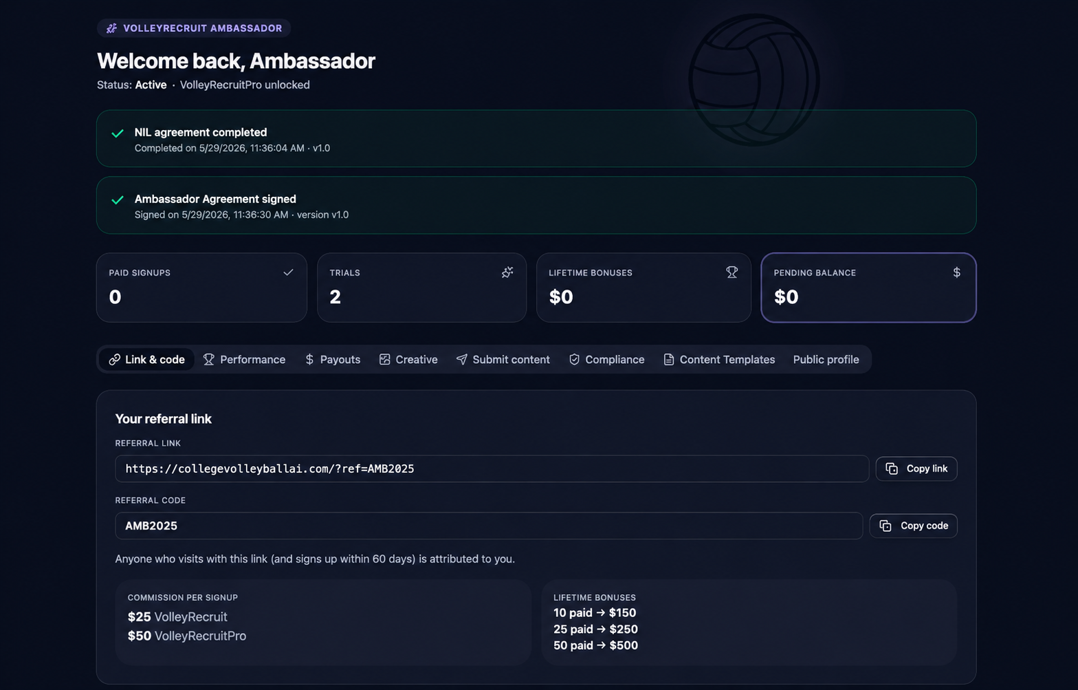 VolleyRecruit Ambassador Hub preview