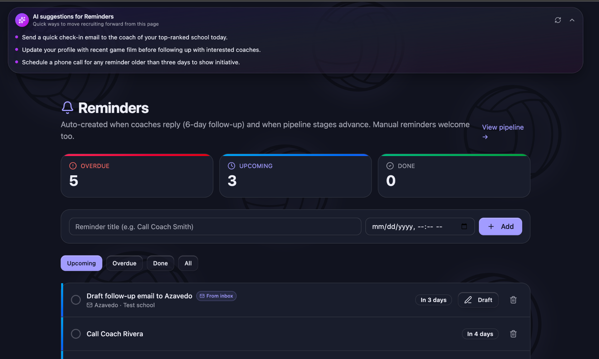 Reminders and follow-up tracker with due dates and statuses